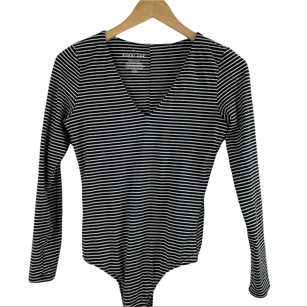 Everlane Black and White Striped V-Neck Bodysuit